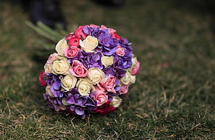 pink and white Rose and purple Hydrangea flower bouquet