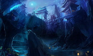 temple at nighttime digital wallpaper, temple, fantasy art, blue