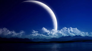 crescent moon, clouds, digital art, planet, sky