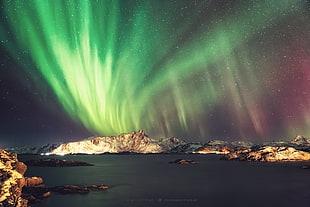 snow-covered mountains, aurorae, nature, landscape