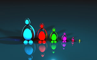 six red, teal, green, purple, pink, and yellow penguin computer illustration