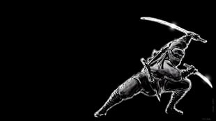 grayscale photo of ninja, ninjas, warrior, artwork, simple background