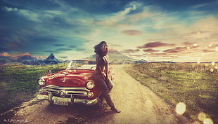 woman on red car painting HD wallpaper
