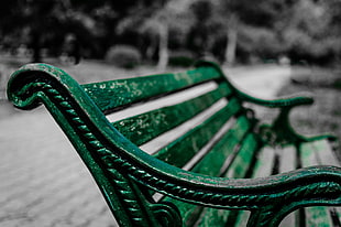 selective color macro photography of green bench