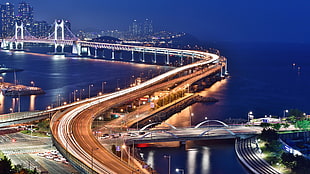 gray concrete bridge, night, road, photography, South Korea