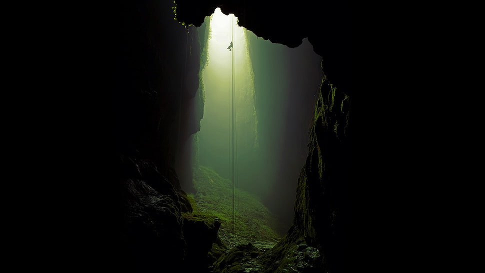 silhouette photo of sun rays inside the cave, cave, ropes, climbing, nature HD wallpaper