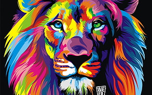 multicolored lion painting with black background