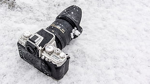 black and gray metal tool, camera, snow, monochrome, Nikon