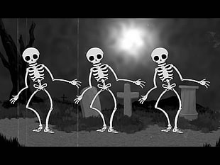 illustration of three skeletons, Halloween, skeleton, graveyards