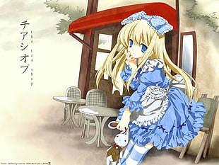yellow haired female anime character in blue and white dress illustration
