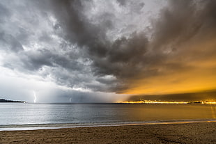 landscape photo of seashore, lightning, landscape HD wallpaper