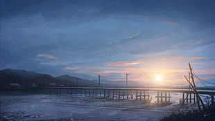 foot bridge above body of water, anime, landscape HD wallpaper