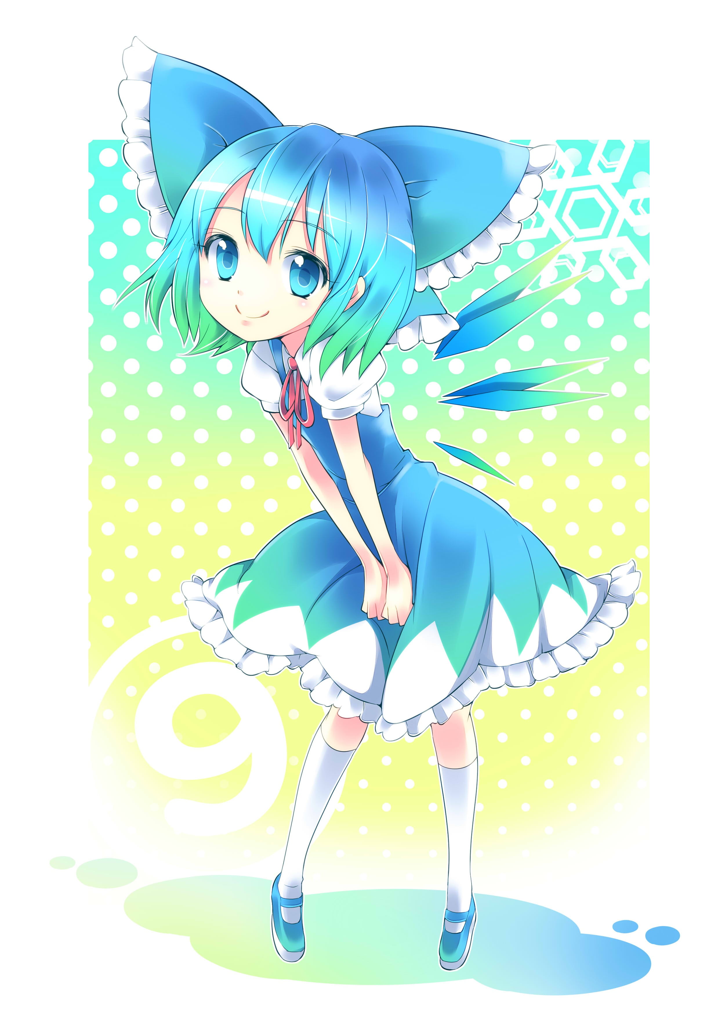 blue haired animated character, Touhou, Cirno, blue eyes, blue hair