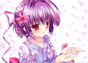 purple short haired girl anime wearing kimono