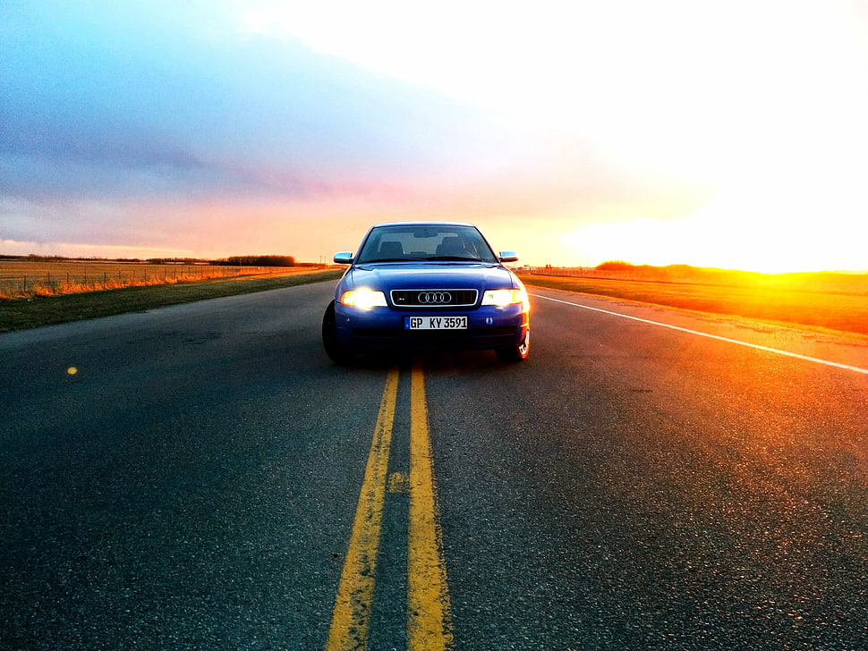 blue car, Audi, sunset, road HD wallpaper