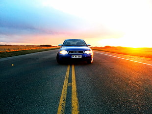 blue car, Audi, sunset, road