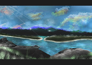painting of body of water, top view, mountain pass, clouds, Pacific Ocean