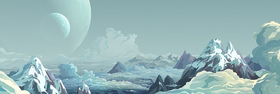 mountains with clouds illustration, landscape, mountains, clouds, Moon HD wallpaper