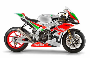 gray, red, and green Aprilia sports bike photography