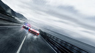 time lapse photo of red and blue coupes HD wallpaper