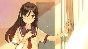 black-haired female anime character wearing white school uniform