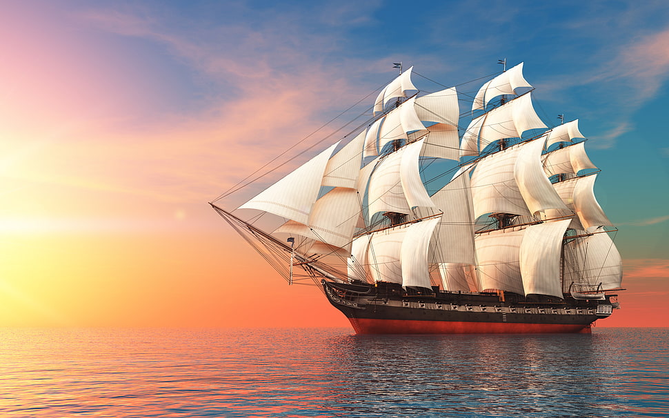 black and white schooner boat, sailing ship, sea, sunset, retouching HD wallpaper