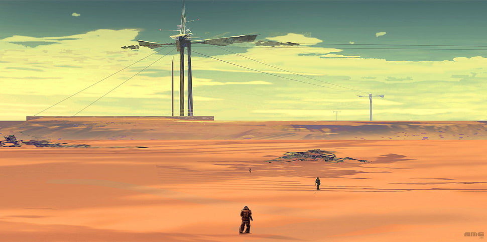 photo of two person walking on desert, desert, landscape, science fiction HD wallpaper