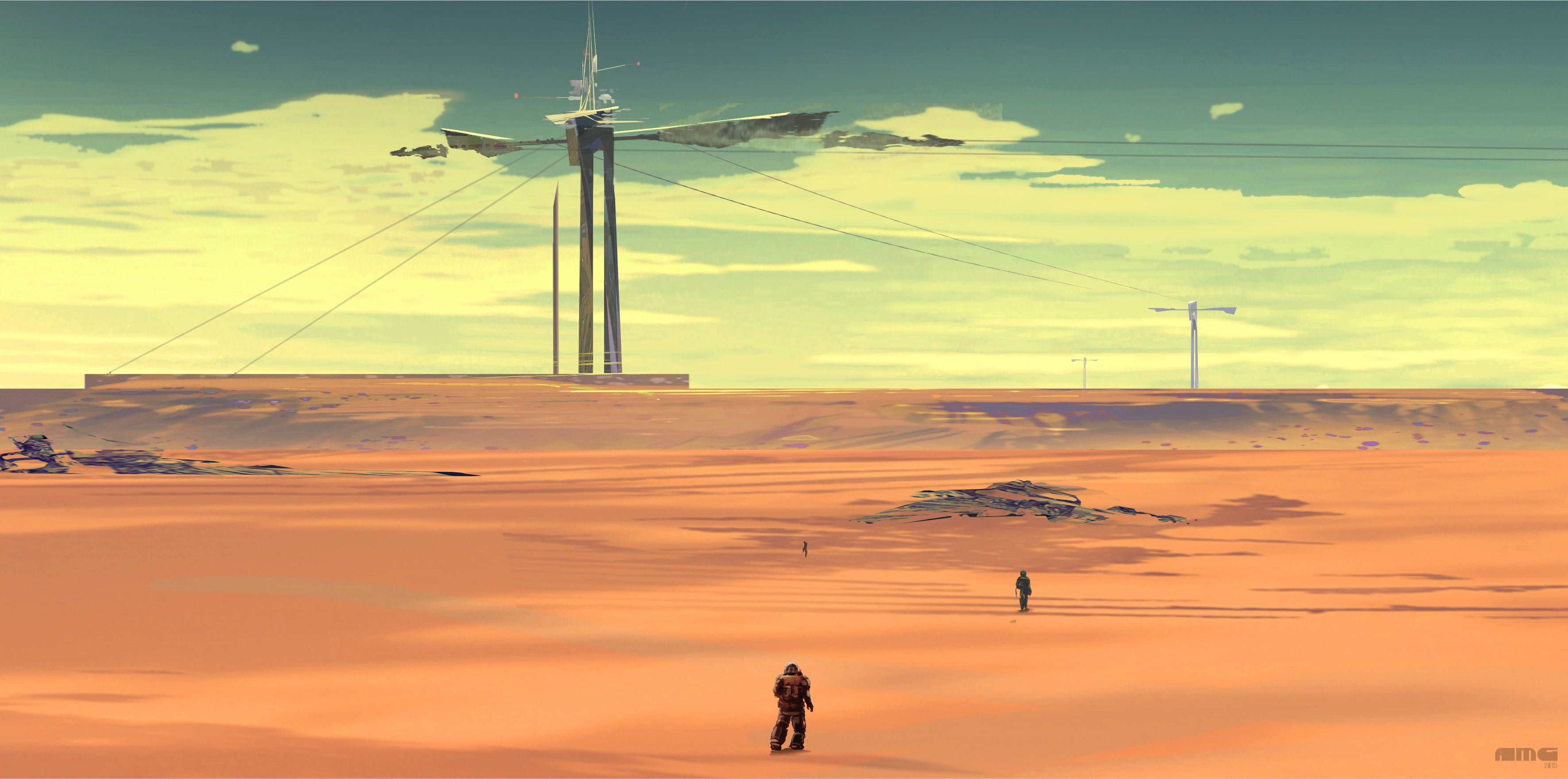 photo of two person walking on desert, desert, landscape, science fiction