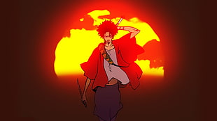 man in red shirt and black hat painting, Mugen, Samurai Champloo, anime, sunset