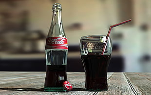 Coca-Cola glass bottle and drinking glass, Coca-Cola, drink, bottles, wooden surface