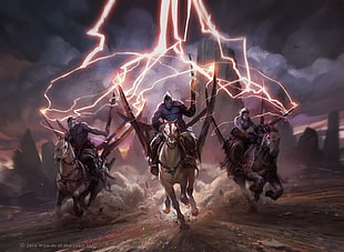three horsemen digital wallpaper, fantasy art, warrior, horse