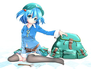 woman anime character wearing blue long-sleeved top and green cap beside bag