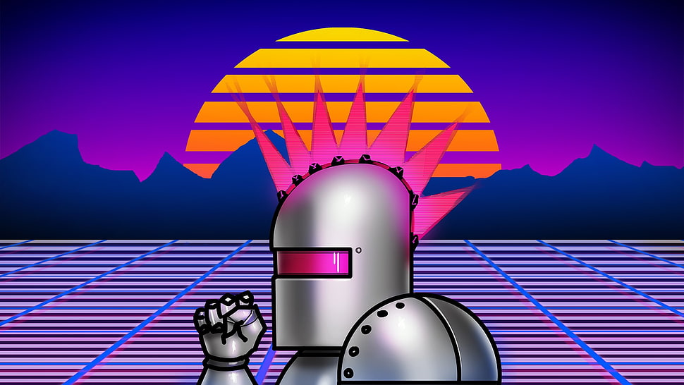 gray knight illustration, Neon Lazer Mohawk, 1980s, retro games, robot HD wallpaper