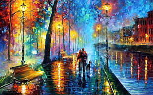 man and woman walking on alley painting HD wallpaper