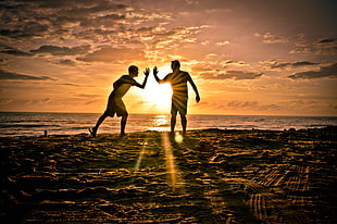 silhouette of two men on beach during sunset HD wallpaper