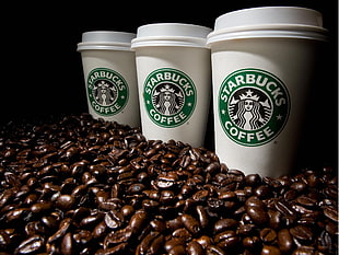 three Starbucks travel coffee tumblers, starbucks HD wallpaper