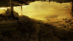 brown boulder, apocalyptic, futuristic, science fiction, landscape HD wallpaper