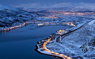 aerial photograph of town near body of water during winter, landscape, Norway, lights, winter