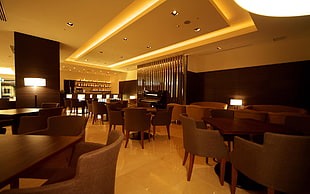 lighted room with chairs and tables