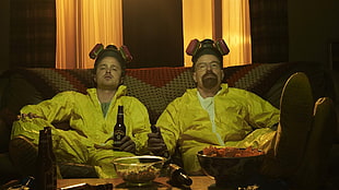 men's yellow overalls, Breaking Bad, Walter White, Aaron Paul, Bryan Cranston HD wallpaper