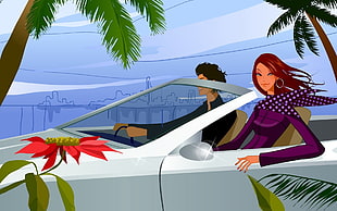 man and woman riding on whie convertible illustration