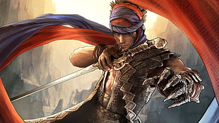 man holding a sword and monster gauntlet illustration, sword, scarf, red, Prince of Persia (2008)
