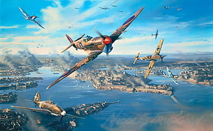gray planes flying near cities at daytime illustration HD wallpaper