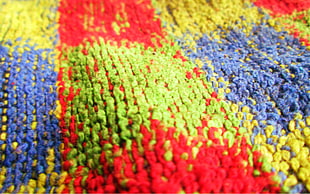 green, red, and purple fleece textile