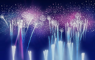 blue and pink fireworks, fireworks HD wallpaper