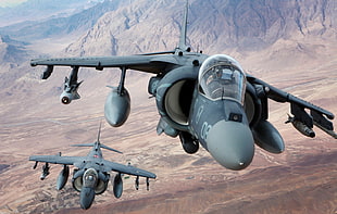 gray jetplane, airplane, desert, military, Harrier
