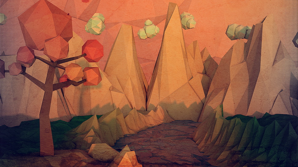 mountain and tree abstract painting, minimalism, 3D, low poly HD wallpaper
