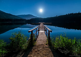 brown wooden dock on body of water during nighttime HD wallpaper