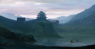 brown and black temple, landscape, wall