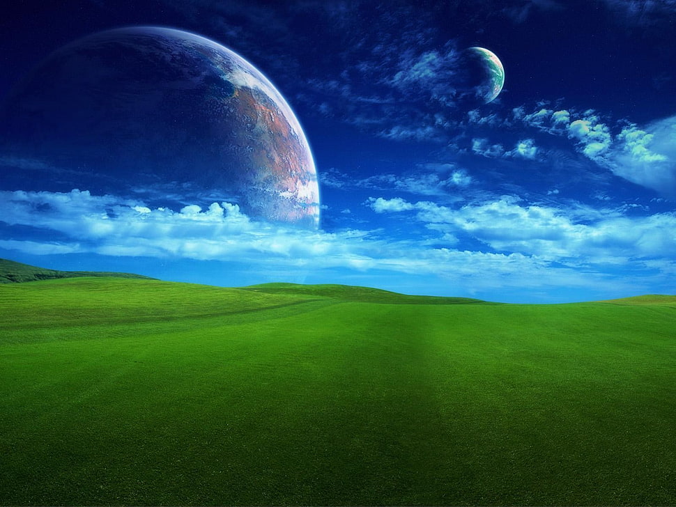grass field, planet, Windows XP, digital art, sky HD wallpaper